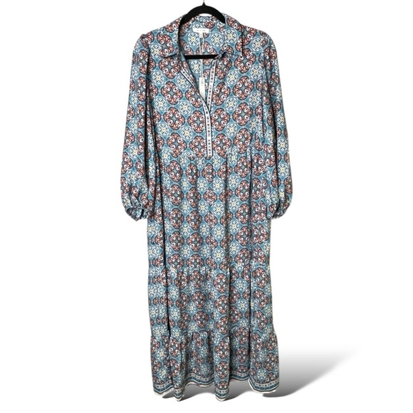 MAX STUDIO Crepe Tiered Maxi Dress Teal / Brick Print Side Pockets 3/4 Sleeves L - Picture 3 of 10